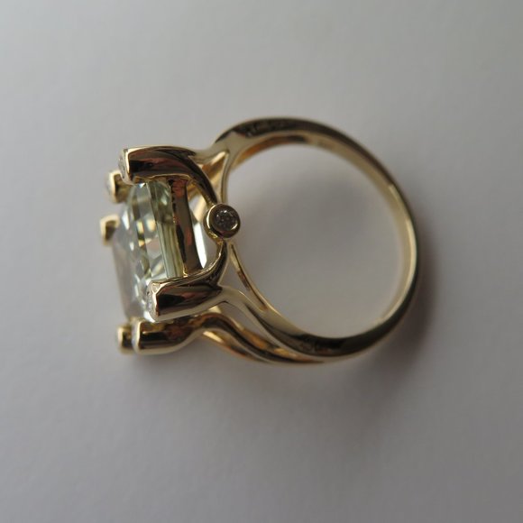 Natural Prasiolite Green Quartz Natural Diamonds 14K Yellow Gold Cocktail Ring - Picture 8 of 12